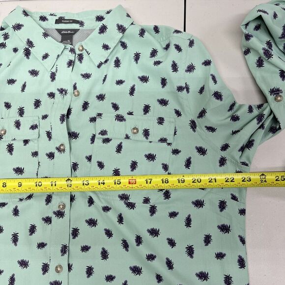 Eddie Bauer Adventurer 3.0 Green Leaf Print Blouse RollTab Button XL Outdoor New - Picture 13 of 15